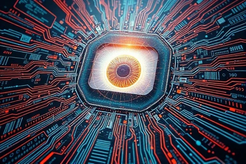 Ojo luminoso abstracto emergiendo de un vórtice de código digital y neural, rodeado de símbolos filosóficos, representando la conciencia artificial.