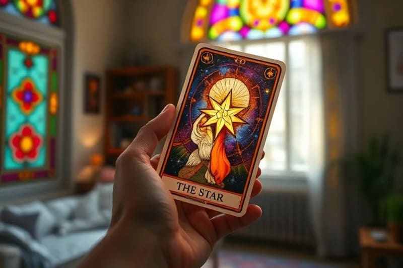 Extreme close-up of The Star Tarot card, held gently, with blurred background elements of a harmonious home interior.
