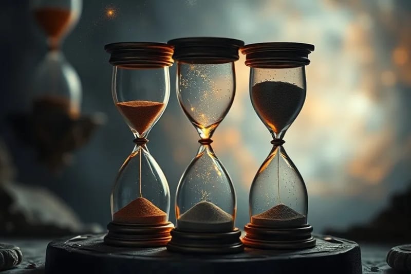 Antique hourglasses with sand flowing, intertwined with glowing threads