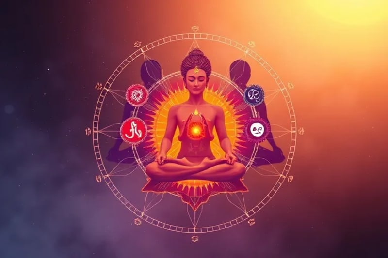 Diagrama detallado de los siete chakras principales, con sus colores y símbolos.