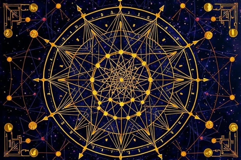 Abstract geometric patterns forming a complex web, symbolizing generational lines