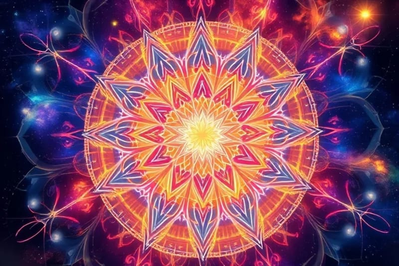 Representación abstracta de la energía del aura, con capas translúcidas de luz y color.