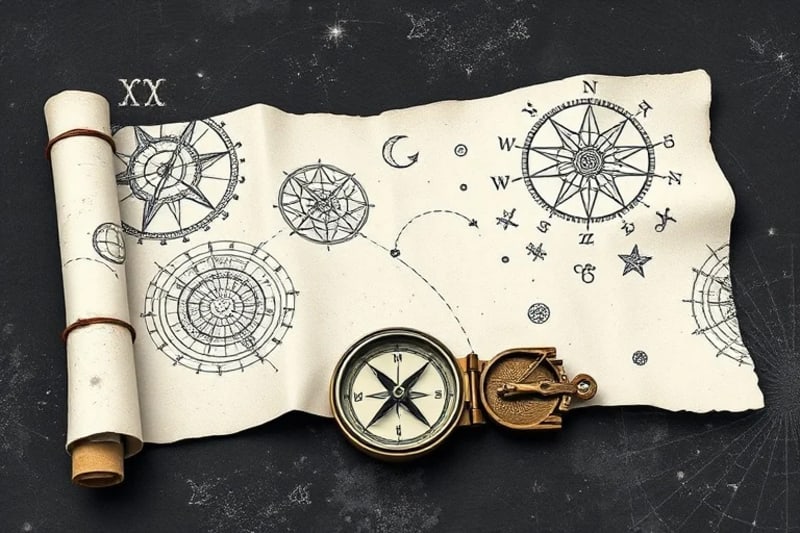 Ancient scroll with abstract symbols and compass pointing to star