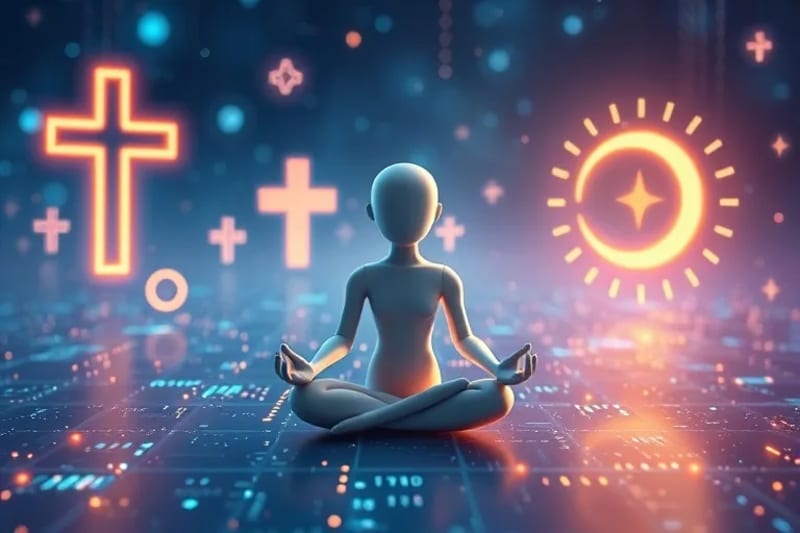 Figura humana etérea meditando en un paisaje digital, rodeada de flujos de datos y proyecciones holográficas de símbolos religiosos antiguos, con una paleta de colores fríos y acentos dorados.