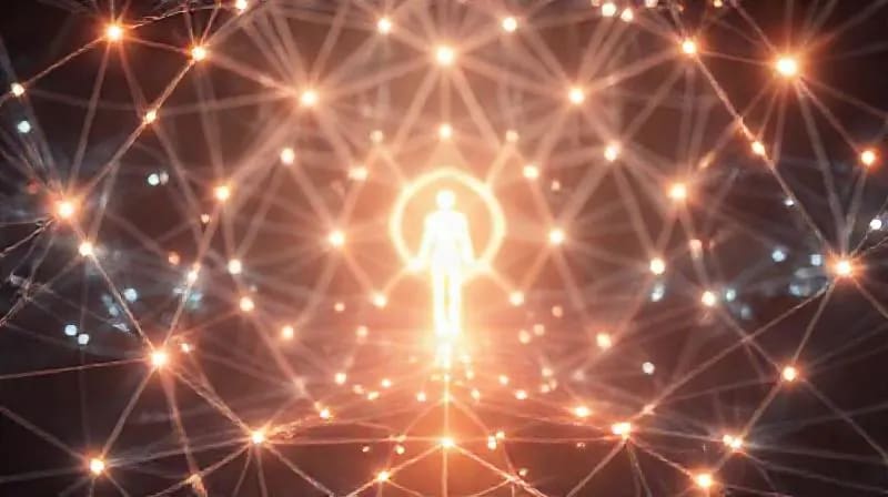 Representación abstracta de la conciencia humana evolucionando dentro de una red de luz y código, con formas geométricas interconectadas y una silueta humana central integrada, en un entorno futurista y limpio.