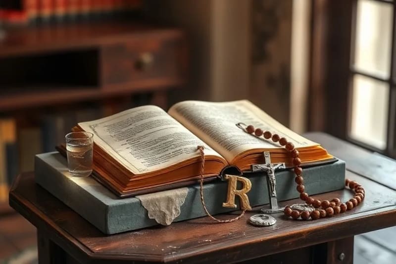 Colección de objetos religiosos sobre una superficie de madera