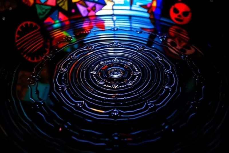 Macro photography of intricate water ripples with crystalline structures, illustrating the organizing power of sound vibrations