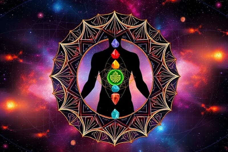 Representación digital de los siete chakras alineados en una figura humana, conectados con alimentos energéticos y cristales correspondientes, sobre un fondo cósmico.