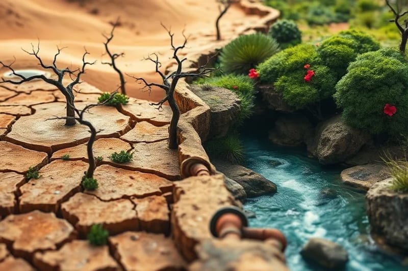 Digital painting depicting a stark contrast: one side with parched, cracked earth and broken pipes symbolizing water scarcity and conflict, the other side with a lush oasis and flowing rivers representing cooperation and abundance.