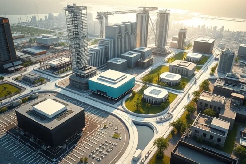 3D render of a futuristic, sustainable urban landscape featuring advanced water management technologies like sleek desalination plants, smart irrigation in vertical farms, and community rainwater harvesting systems, all integrated harmoniously.