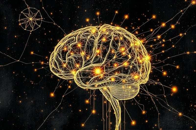A stylized brain made of glowing data points and neural pathways, representing the collective human mind, with abstract digital elements flowing around it.