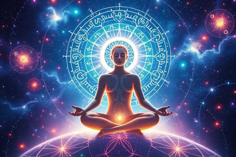 A serene figure meditating amidst glowing energy fields and digital patterns, representing the intersection of spiritual practice and AI analysis.