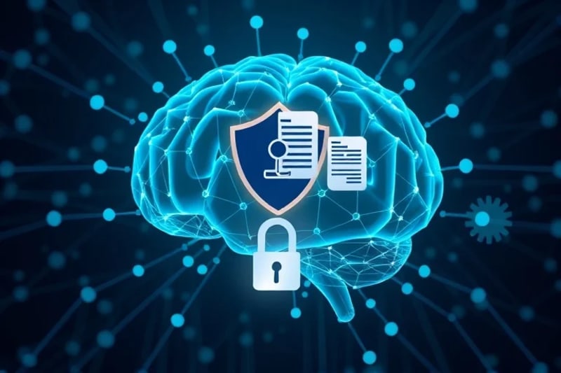 Representación abstracta de redes neuronales y flujos de datos, con escudos de privacidad y símbolos legales.