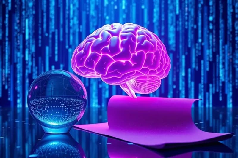 Visión futurista de un cerebro translúcido en una matriz digital, rodeado de objetos simbólicos como una esfera de cristal y un espejo fragmentado.