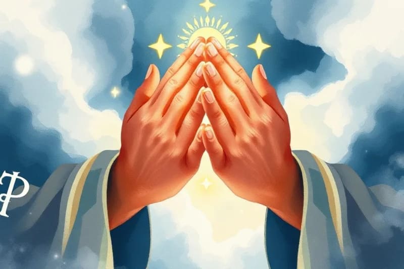 Manos en oración con un brillo etéreo alrededor de un objeto sagrado, en un estilo de acuarela, transmitiendo devoción y espiritualidad.