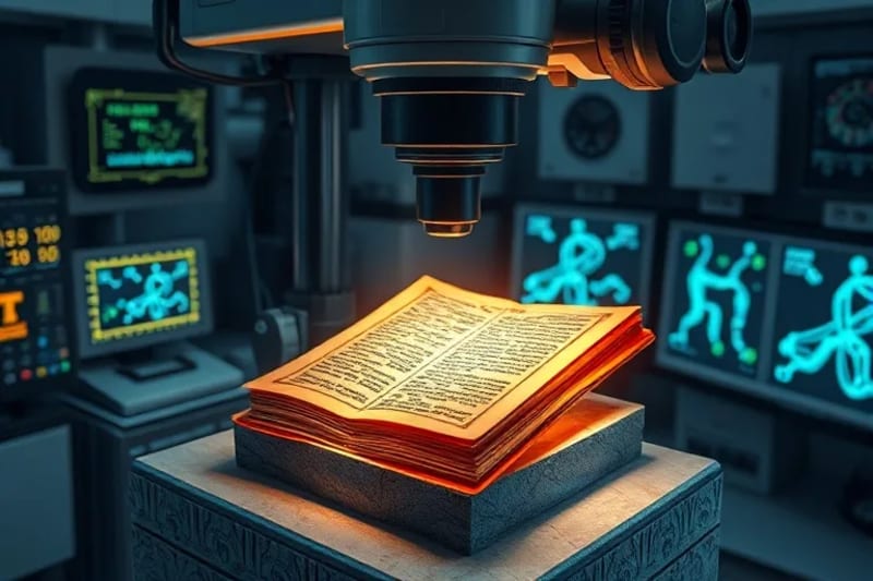 Primer plano de un microscopio electrónico examinando una fibra de un artefacto antiguo, rodeado de herramientas de laboratorio y pantallas que muestran datos científicos, en un render 3D.