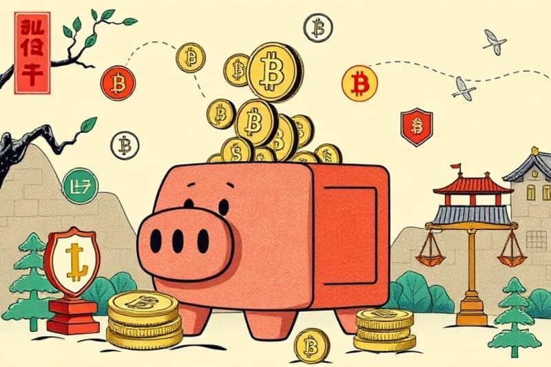 Ilustración de una alcancía con forma de bloque de blockchain recibiendo criptomonedas, rodeada de símbolos de crecimiento y ética.