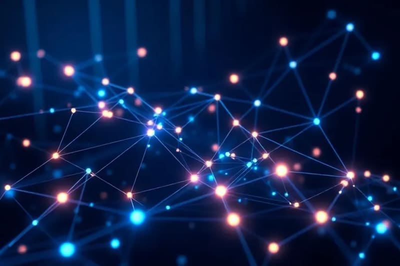 Representación abstracta de una red blockchain con nodos interconectados y flujos de datos, simbolizando un futuro financiero descentralizado.