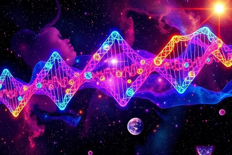 Abstract digital painting of a human genome map with astrological symbols highlighting sections