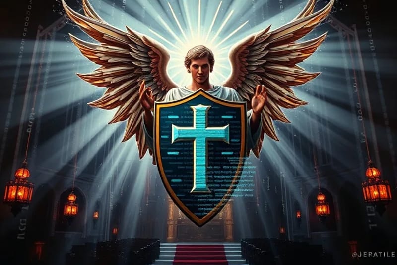 Escudo con cruz desviando símbolos digitales de caos y desinformación.