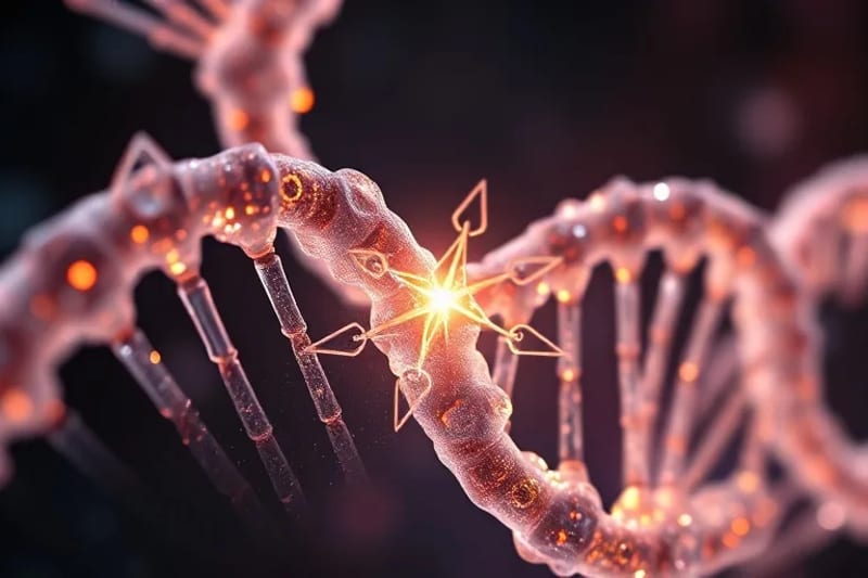 Macro photography of a DNA strand with faint, shimmering imprints of ancient symbols or past life scenes