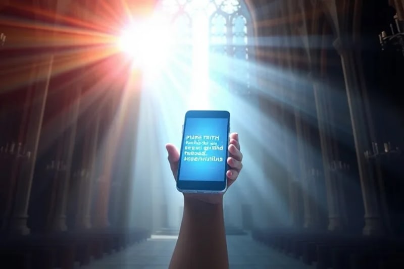 Mano etérea iluminando pantalla de smartphone con información veraz, rodeada de datos corruptos.