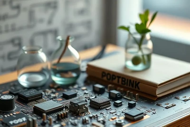 Bodegón de objetos reutilizados y reparados, como un jarrón de vidrio reciclado y un dispositivo electrónico modular.