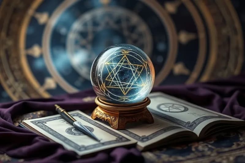 3D render of a crystal ball reflecting stars, a quill, and a journal with a sigil, depicting tools for focused esoteric practice.