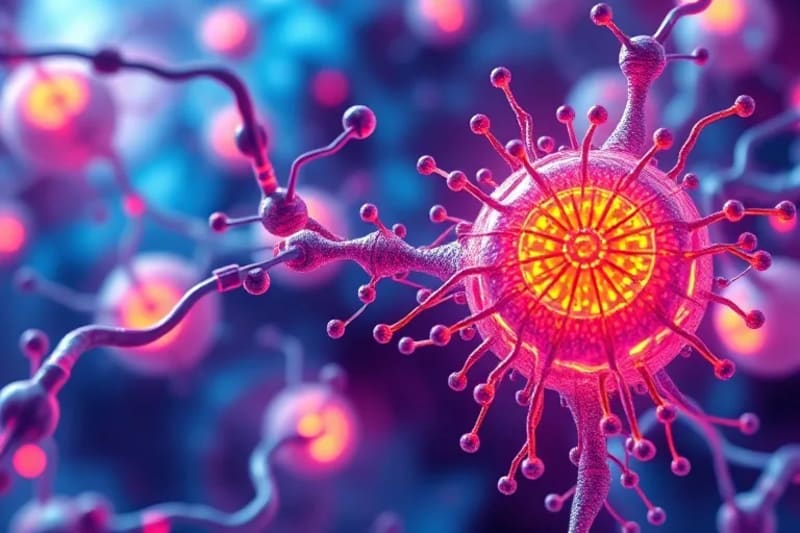 Ilustración digital de nanobots reparando células y mitocondrias