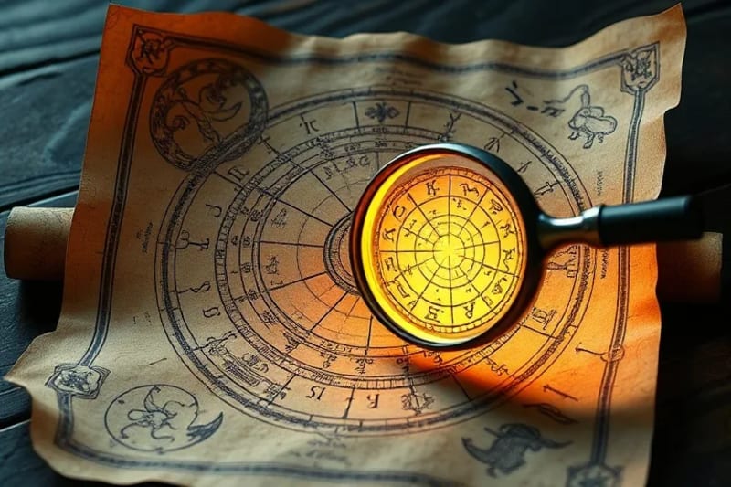 Ancient scroll with celestial maps and astrological symbols