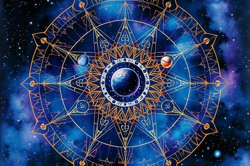 Abstract watercolor of cosmic dance with ancient architectural patterns