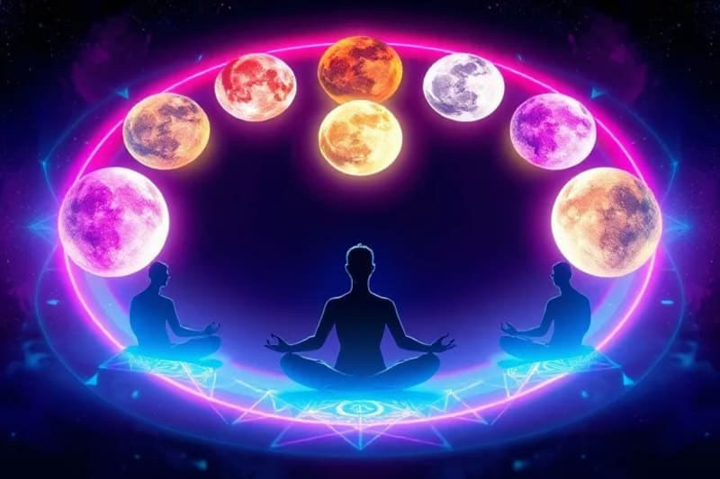 Stylized lunar cycle, each phase as a unique energy flow, with abstract figures meditating, symbolizing emotional response.