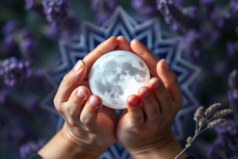 Close-up of hands holding a polished moonstone, surrounded by lavender and chamomile, evoking healing and tranquility.