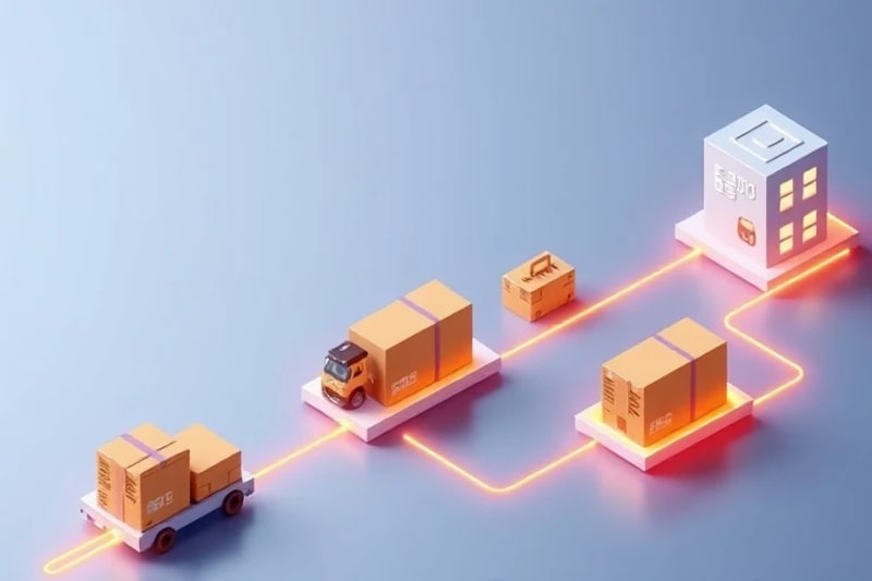 Ilustración vectorial de una cadena de suministro con productos moviéndose a través de bloques de blockchain, simbolizando trazabilidad.