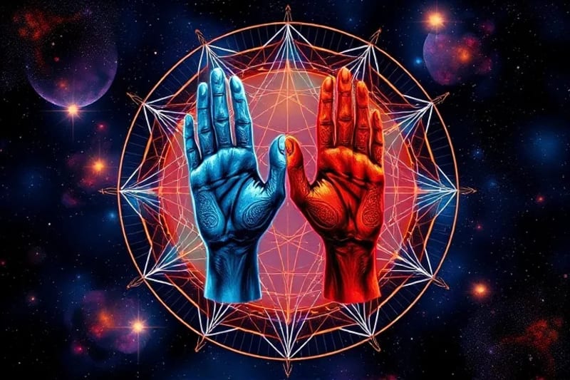 Manos entrelazadas con patrones de agua y fuego, fondo de carta astral