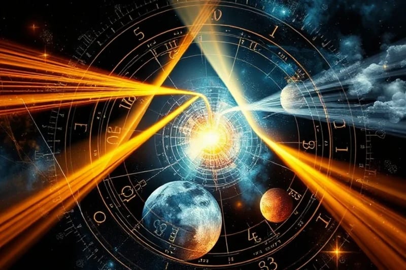 Cosmic Convergence: Unveiling Relationship Destiny Ethereal light streams converging on an astrological composite chart, symbolizing fated connections and destiny.