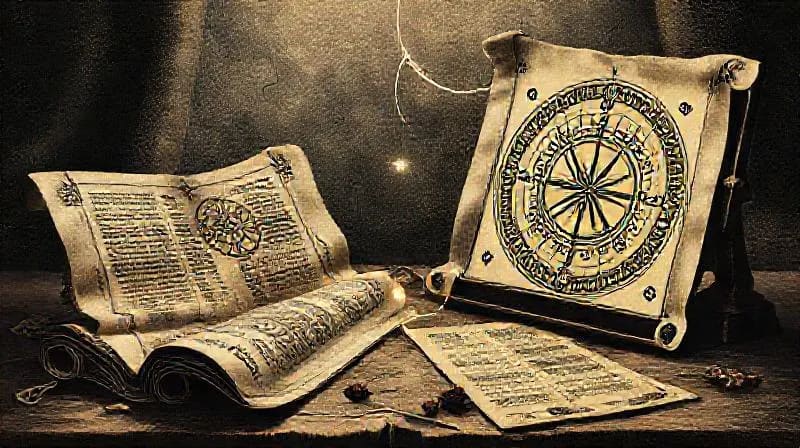 Karmic Threads: Past and Future Connections Ancient scrolls and digital tablets connected by a glowing thread, symbolizing karmic patterns and future potentials in relationships.