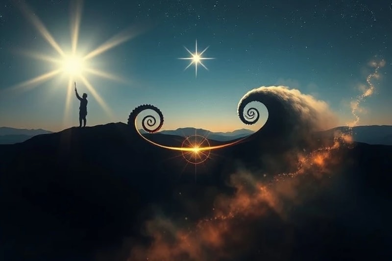 Evolutionary Pathways: The Couple's Shared Journey Two distinct, spiraling pathways, one ascending towards a star and one descending into mist, connected by an energetic bridge, symbolizing a couple's evolutionary journey.