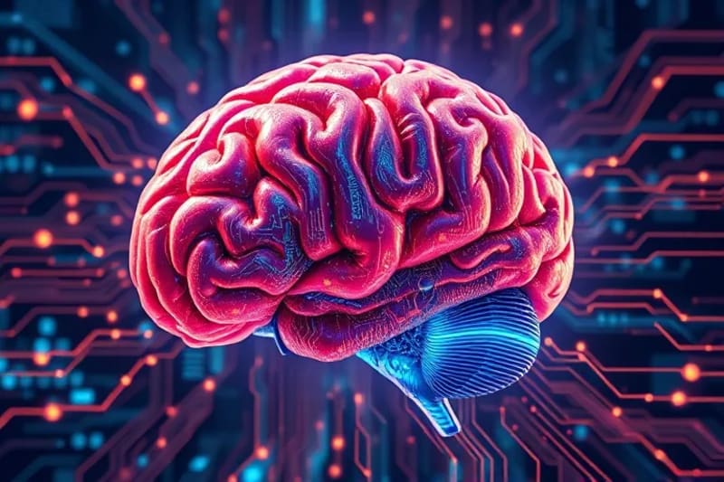 Stylized human brain merging with circuit board, symbolizing biological and artificial intelligence interface