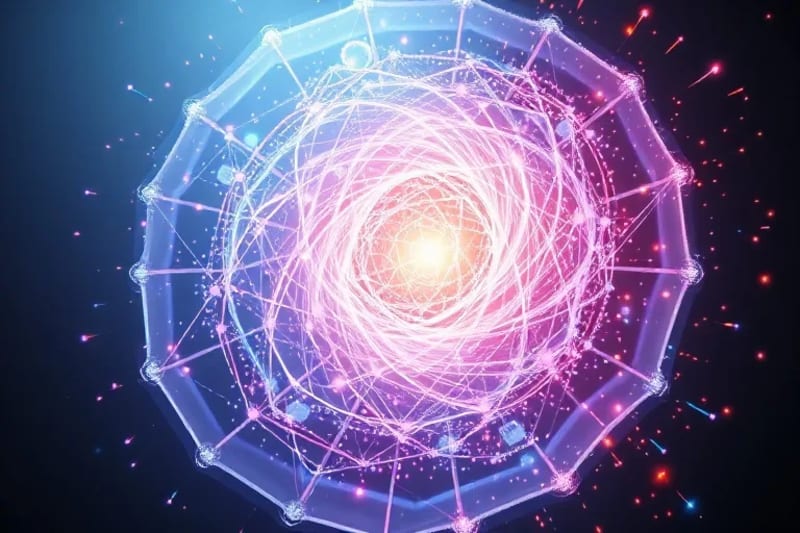 Conceptual visualization of consciousness as a swirling vortex of luminous data points and geometric shapes within a crystalline structure