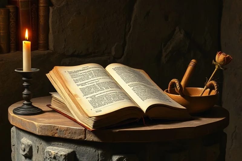Composición de textos antiguos y una vela, evocando el estudio místico y el ascetismo de los santos.