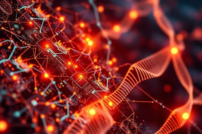 Intrincada red de vías biológicas y hebras de ADN, con representaciones abstractas de la fisiología masculina y puntos de datos que sugieren optimización.