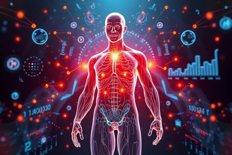 Representación estilizada de una figura masculina transparente y brillante, con sistemas biológicos resaltados y puntos de datos flotantes que simbolizan métricas de rendimiento y longevidad.