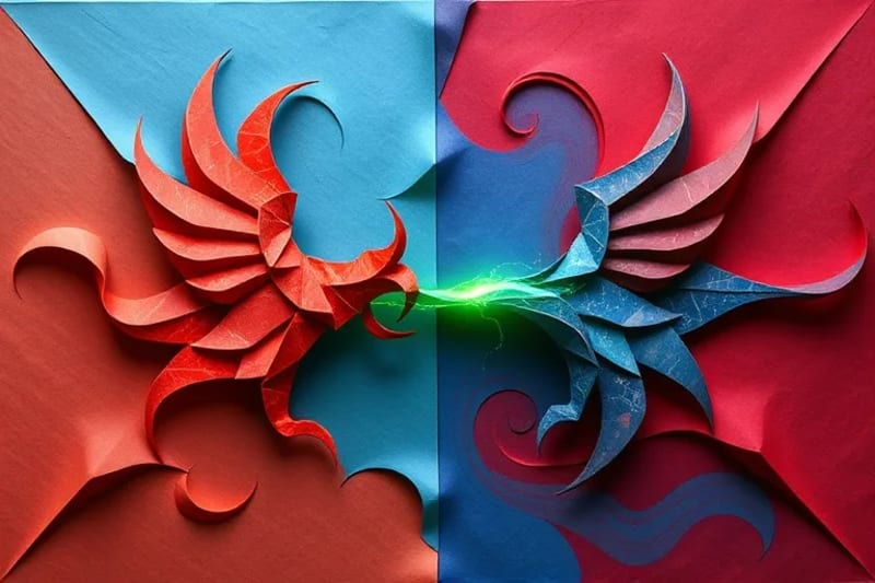 Abstract digital painting showing opposing elements being bridged by a mediating element