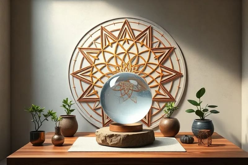 3D render of a serene room with minimalist Feng Shui elements for balance and growth