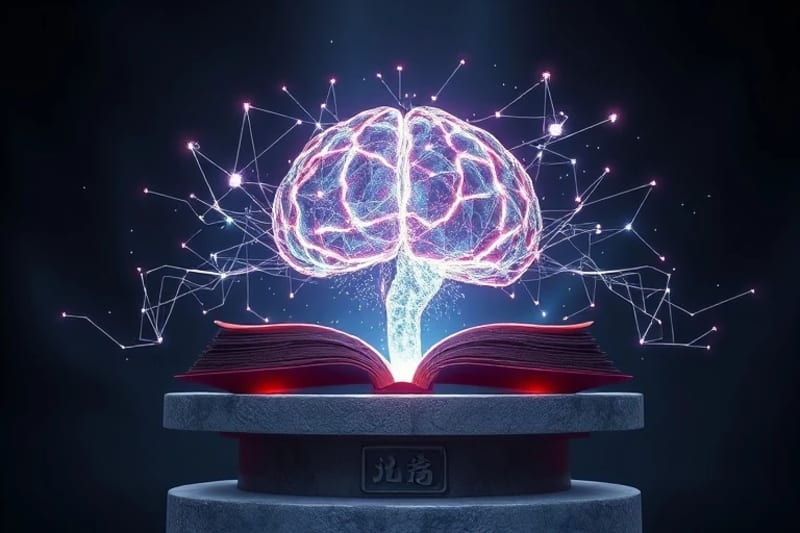 Representación abstracta de la conciencia como una red de energía interconectada, con patrones cuánticos y flujos de información.
