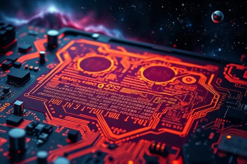 Stylized legal document floating in space, with glowing patterns representing futuristic legal frameworks.