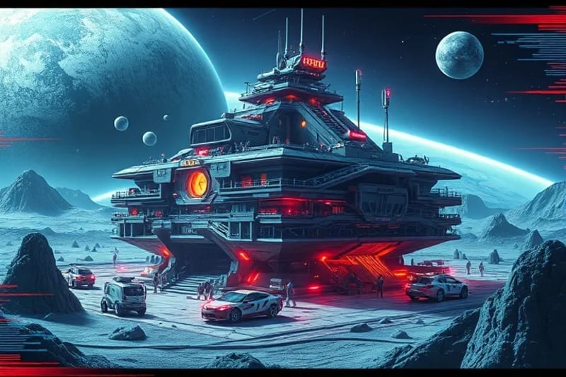 3D render of a futuristic, self-sustaining space colony on a celestial body, showcasing advanced infrastructure and pioneering development.