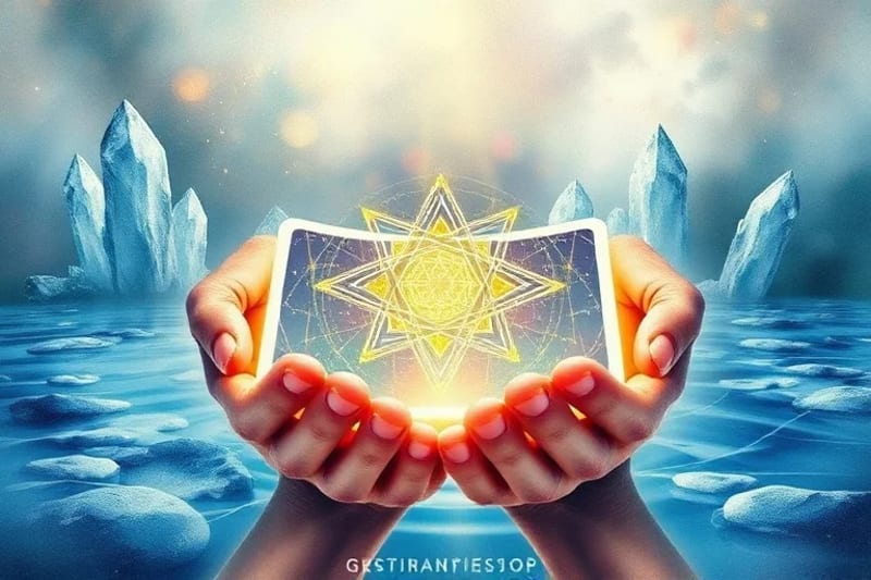 Hands holding a tablet displaying sacred geometry with crystals