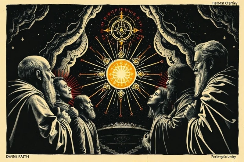 Grupo diverso de personas de diferentes culturas y edades, algunos con vestimenta religiosa tradicional y otros con dispositivos tecnológicos, reunidos alrededor de un orbe de luz que proyecta símbolos de fe y tecnología entrelazados.